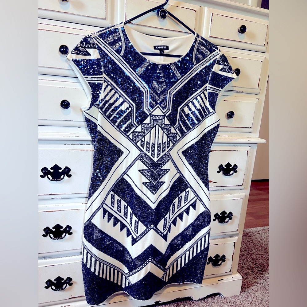 Express navy and silver sequin dress